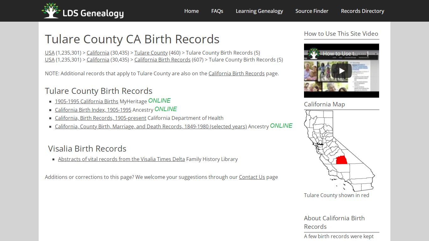 Tulare County CA Birth Records - LDS Genealogy