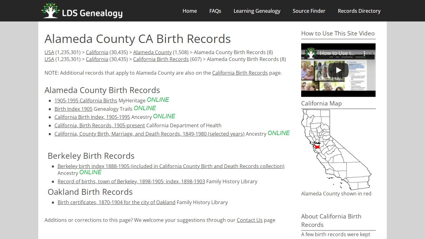 Alameda County CA Birth Records - LDS Genealogy